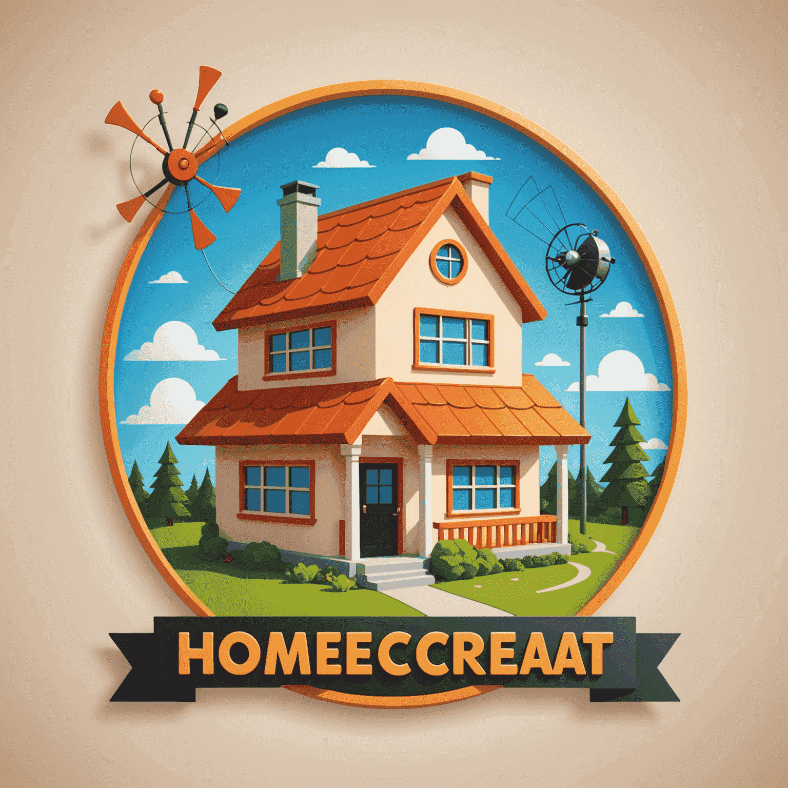 HomeCreat logo - A playful cartoon-style logo with a house icon and a TV antenna, symbolizing home entertainment installations