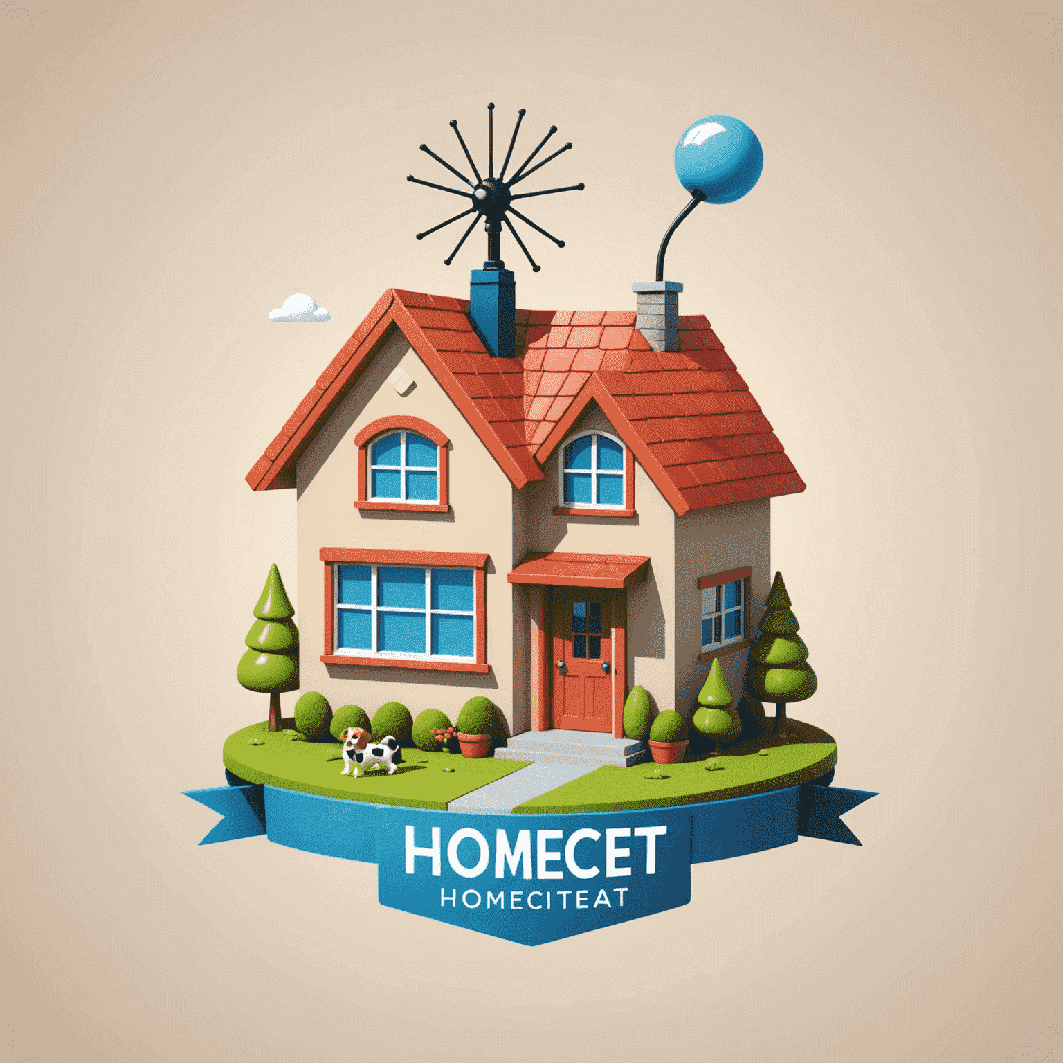 HomeCreat logo - A playful cartoon-style logo with a house icon and a TV antenna, symbolizing home entertainment installations