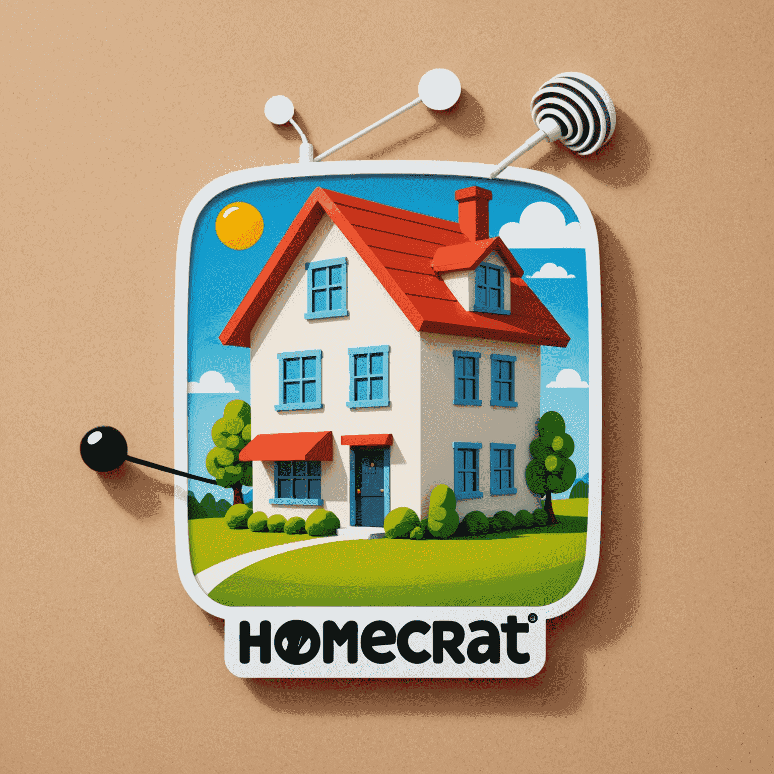 HomeCreat logo - A playful cartoon-style logo with a house icon and a TV antenna, symbolizing home entertainment installations