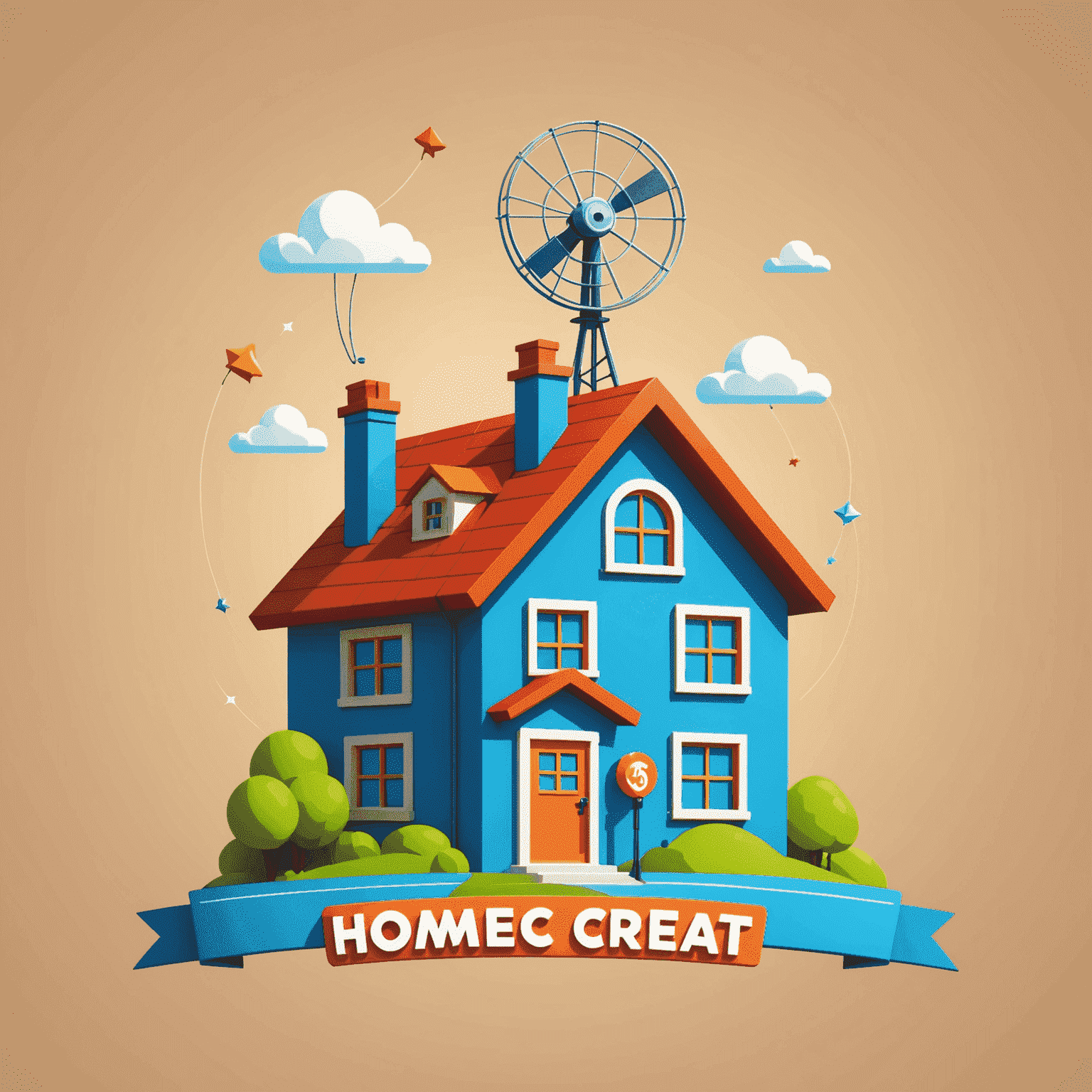 HomeCreat logo - A playful cartoon-style logo with a house icon and a TV antenna, symbolizing home entertainment installations