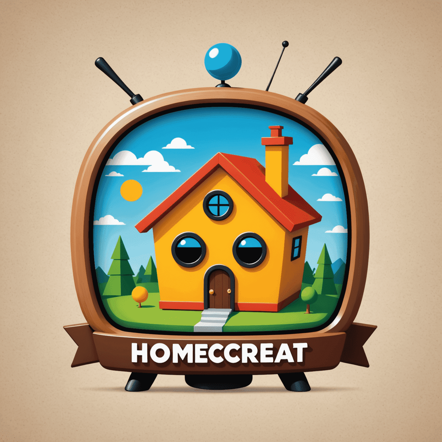 HomeCreat logo - A playful cartoon-style logo with a house icon and a TV antenna, symbolizing home entertainment installations