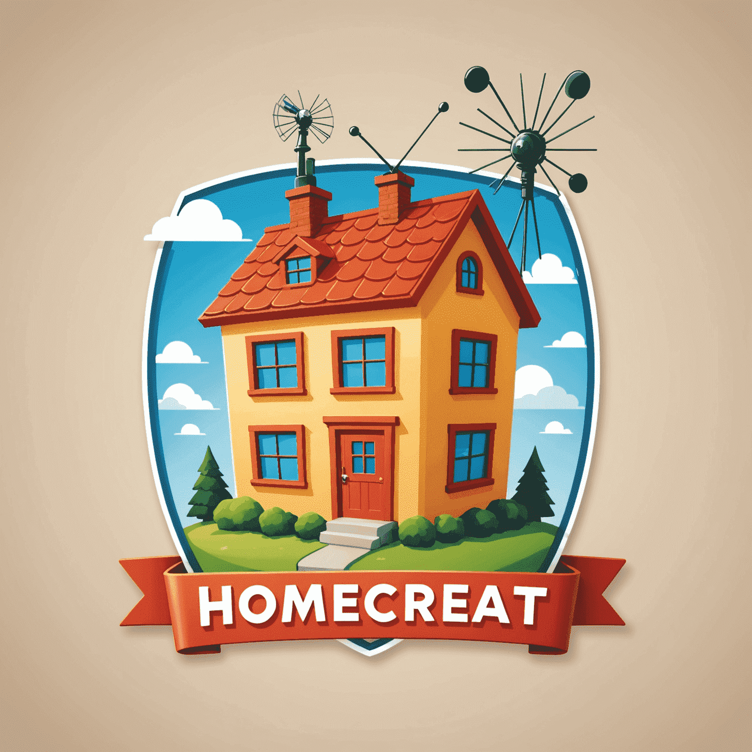 HomeCreat logo - A playful cartoon-style logo with a house icon and a TV antenna, symbolizing home entertainment installations