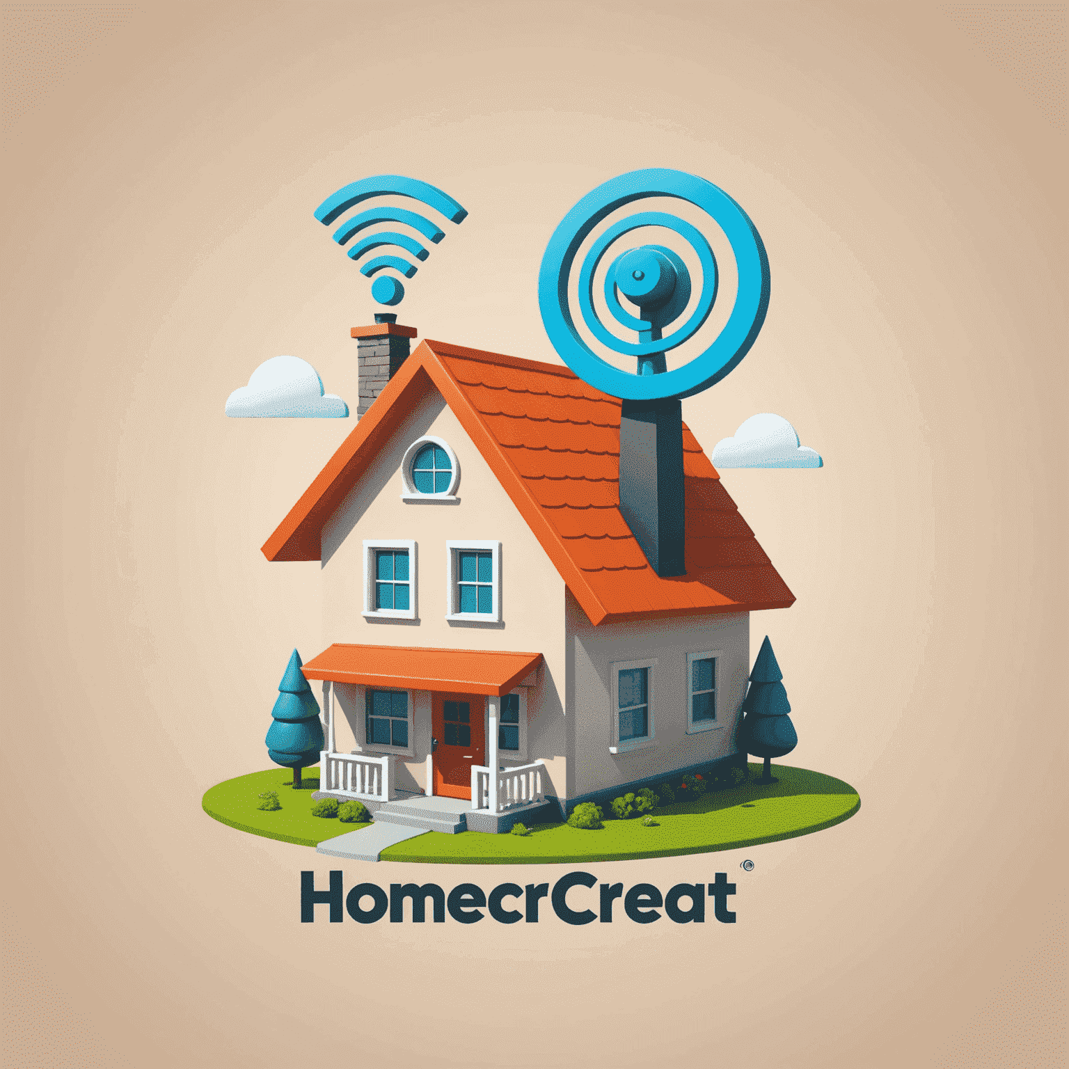 HomeCreat logo - A playful cartoon-style logo with a house icon and a TV antenna, symbolizing home entertainment installations