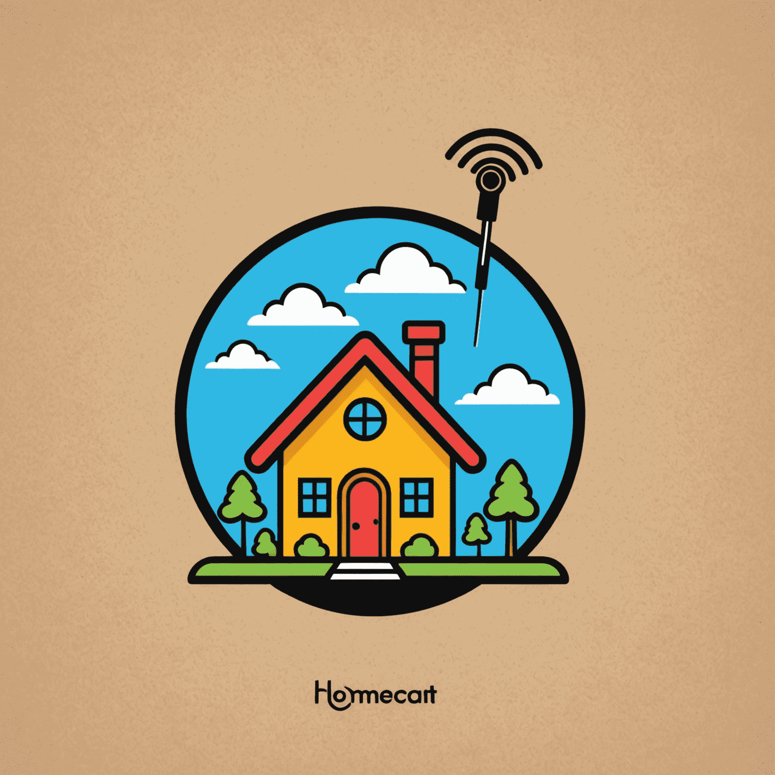 HomeCreat logo - A playful cartoon-style logo with a house icon and a TV antenna, symbolizing home entertainment installations