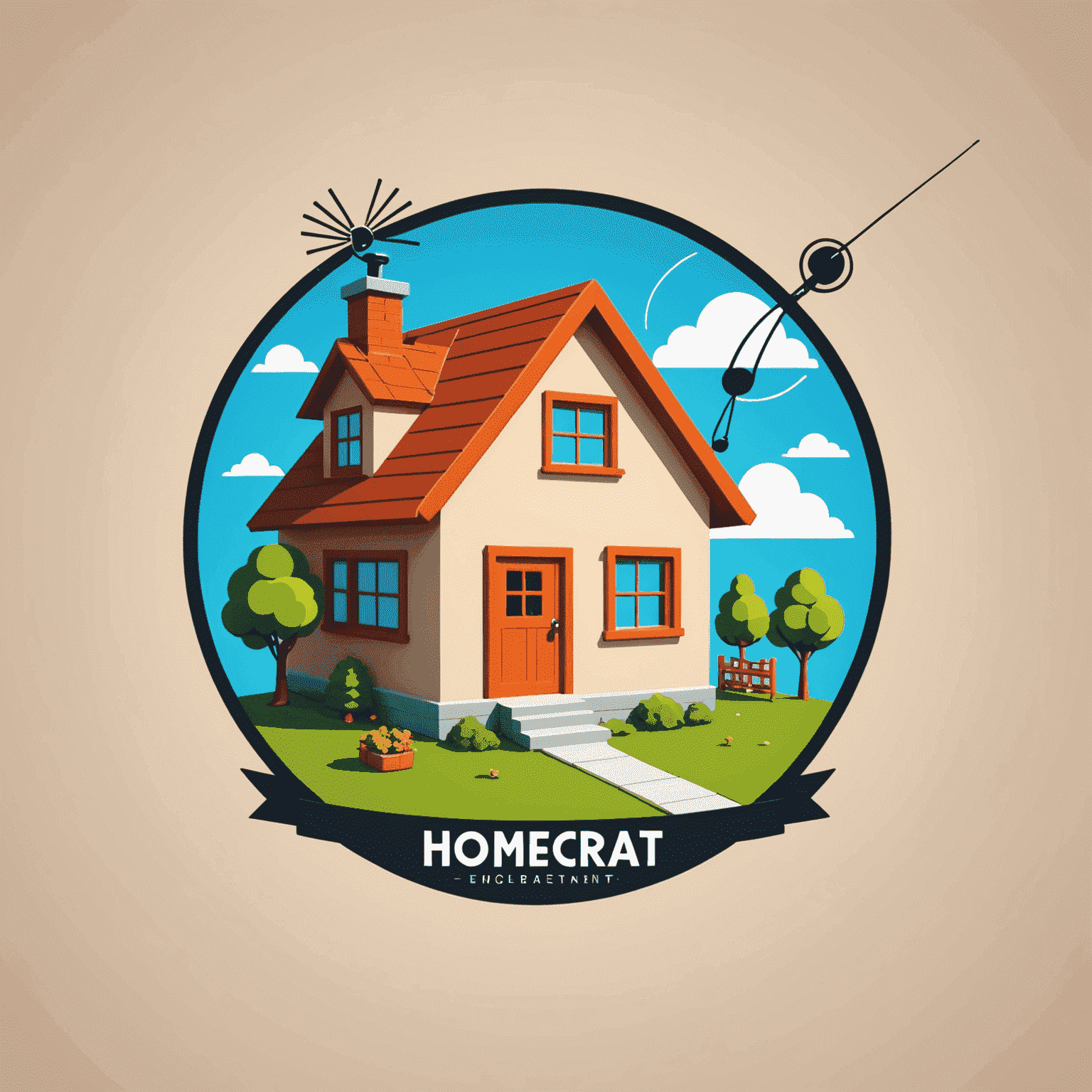 HomeCreat logo - A playful cartoon-style logo with a house icon and a TV antenna, symbolizing home entertainment installations