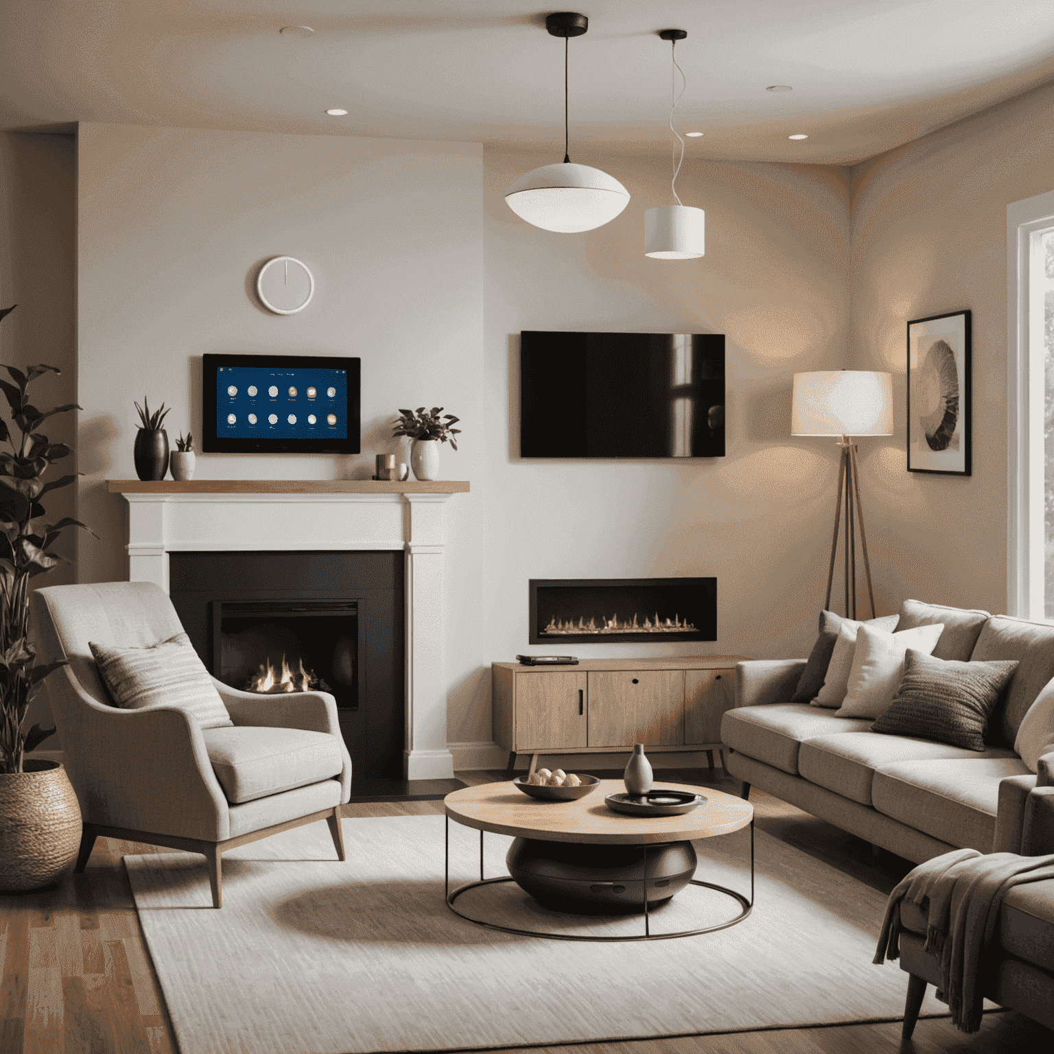 Various smart home devices including smart speakers, thermostats, and lighting systems arranged in a modern living room setting