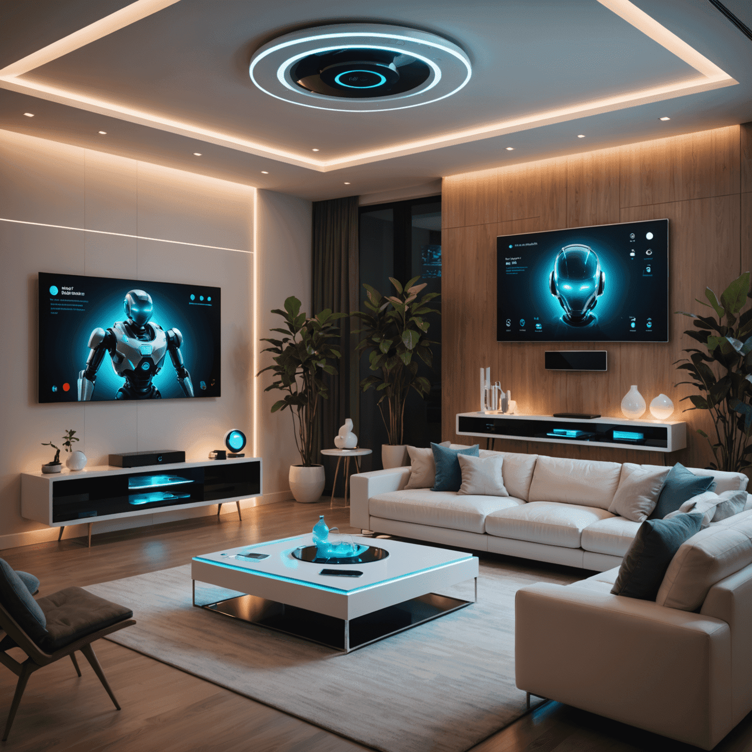 Futuristic smart home living room with holographic displays, voice-controlled lighting, and a robot assistant