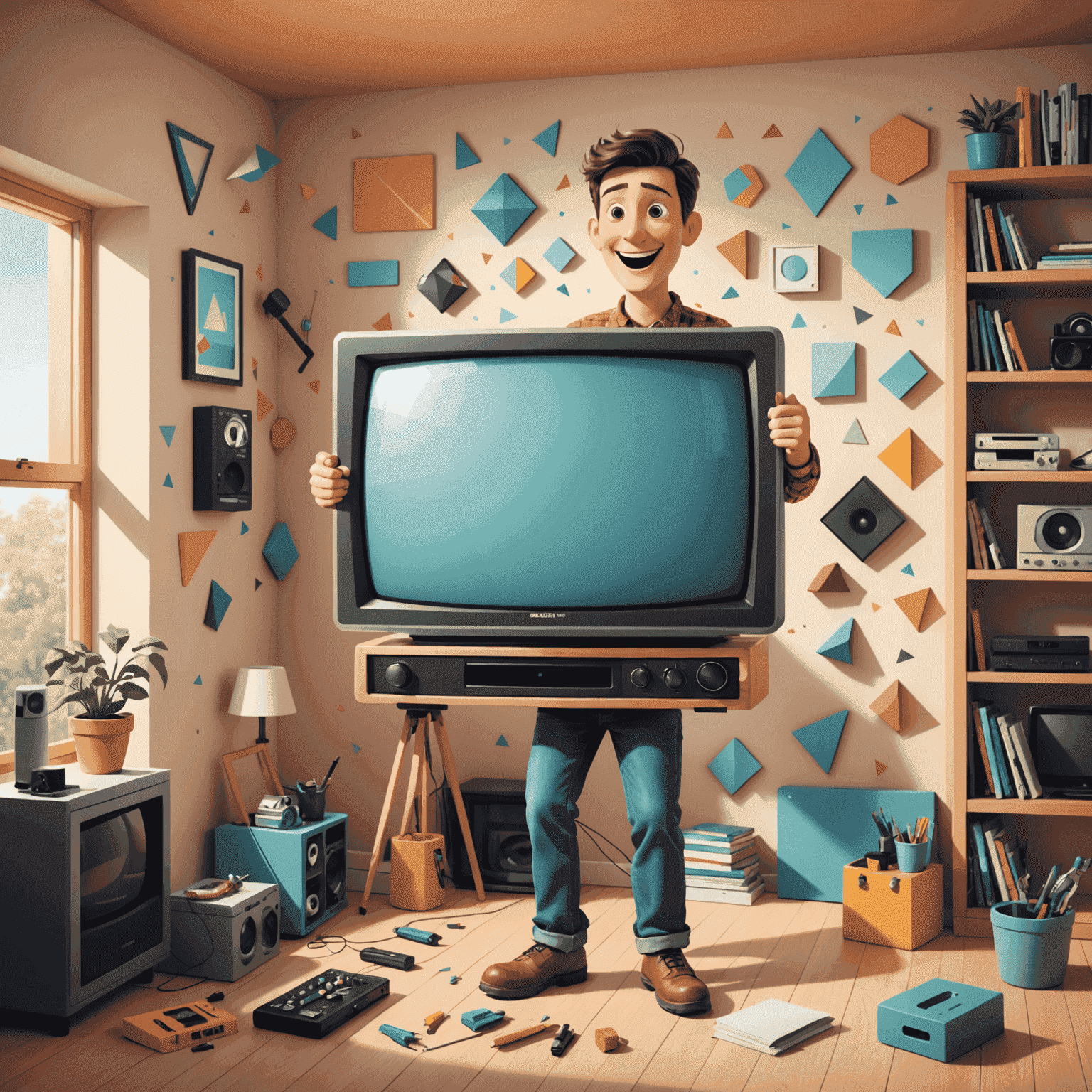 Cartoon-style illustration of a person happily mounting a TV on a wall, surrounded by tools and flashing geometric shapes