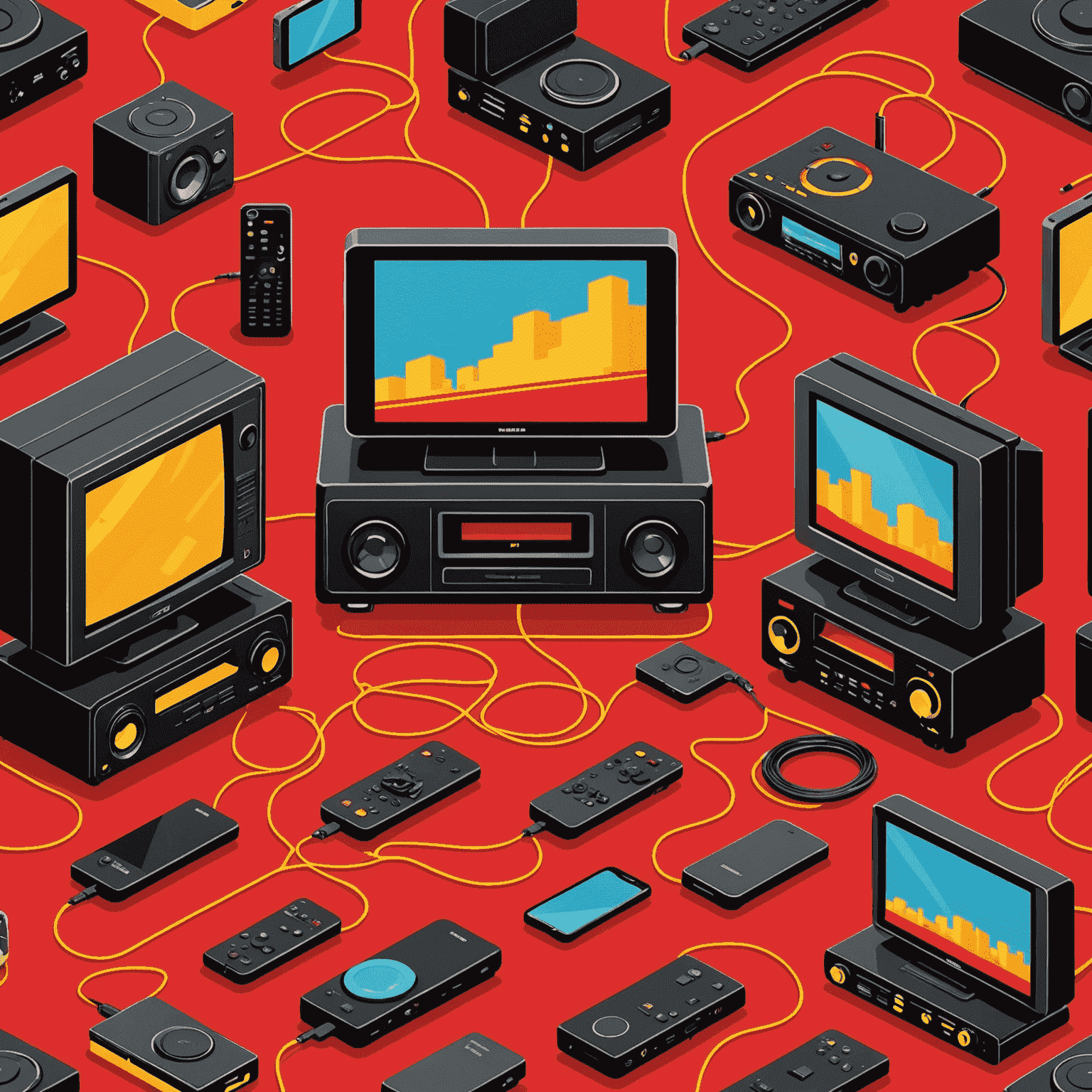 A cartoon-style illustration showing a smartphone seamlessly connected to various home entertainment devices like a TV, sound system, and gaming console. Vibrant red and yellow streaks connect the devices, symbolizing the flow of data and control.