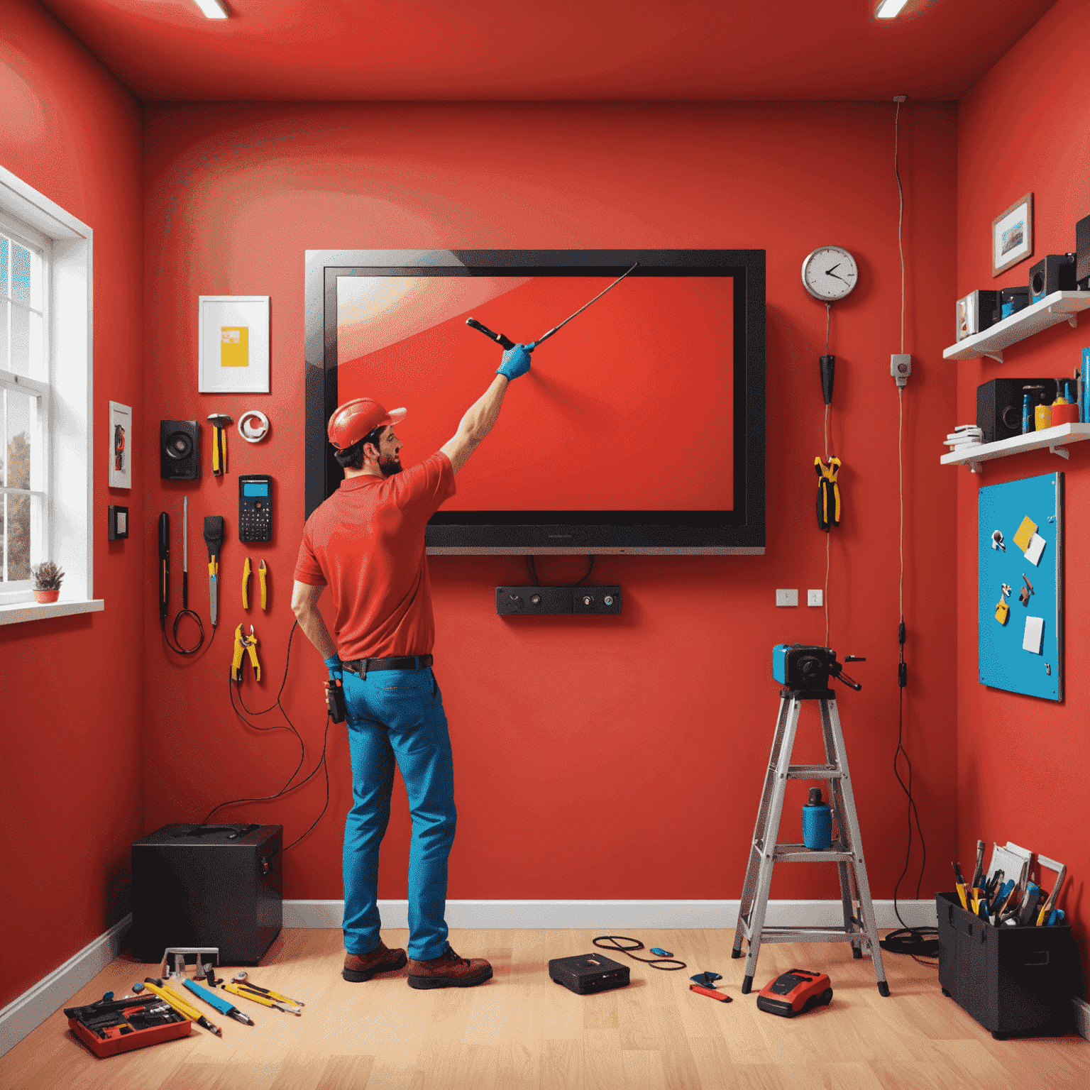 Cartoon illustration of a technician mounting a large flat-screen TV on a vibrant red wall, with tools floating around playfully