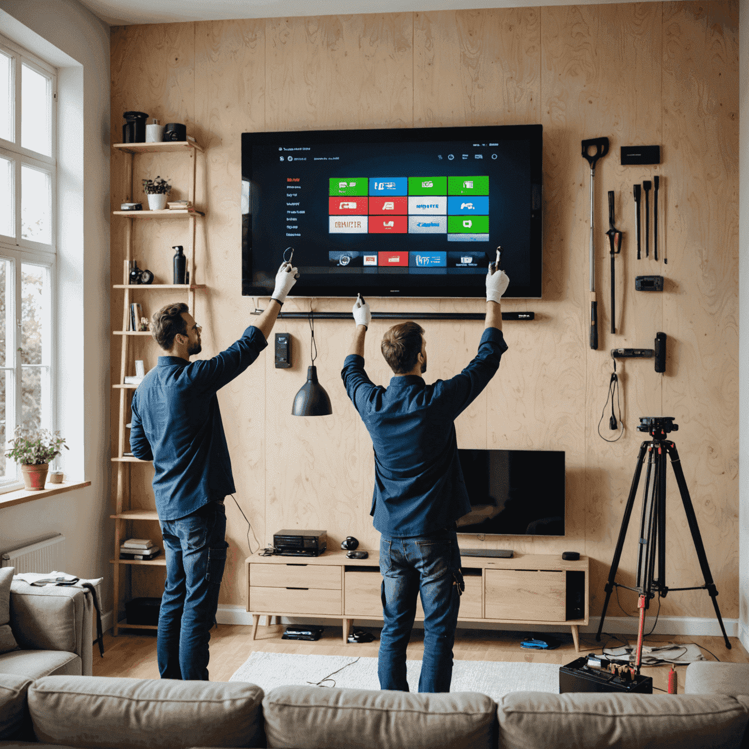 A technician carefully mounting a large flat-screen TV on a stylish living room wall, with tools and equipment neatly arranged nearby. The image conveys precision and expertise in TV installation.