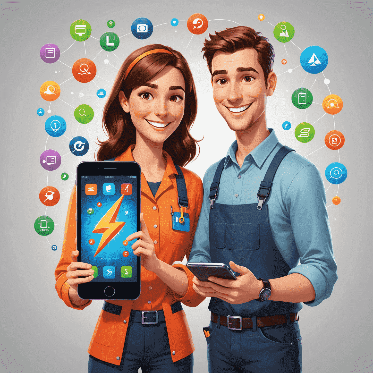 Cartoon-style illustration of a smiling technician helping a customer set up a new smartphone, with colorful app icons floating around them and a lightning bolt representing quick and efficient service