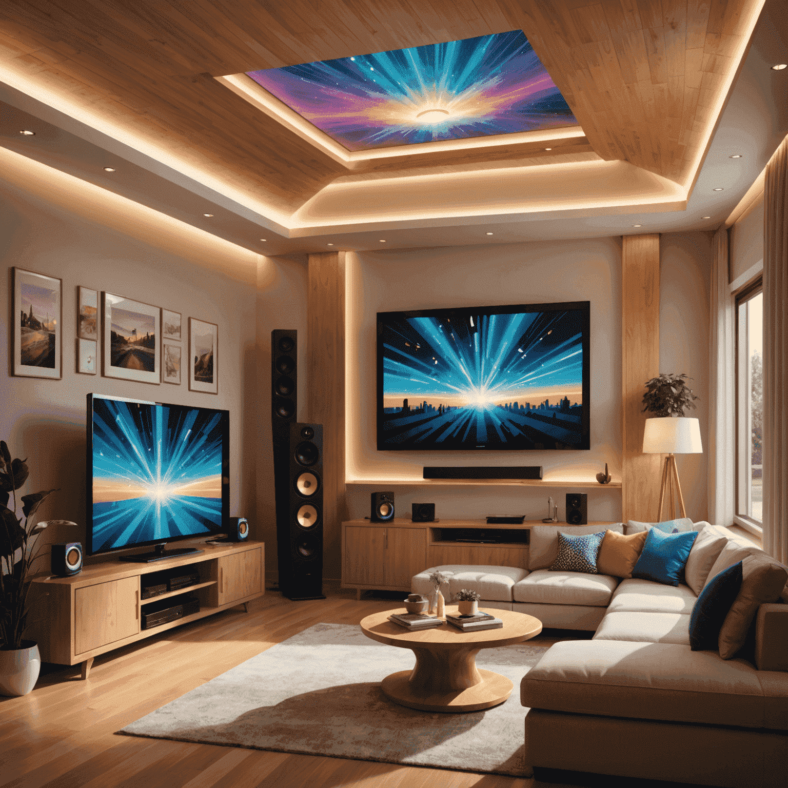 A vibrant cartoon-style illustration of a modern living room with a large screen TV, surround sound speakers, and comfortable seating. The image shows beams of light and sound waves emanating from the system, creating a dynamic and exciting atmosphere.