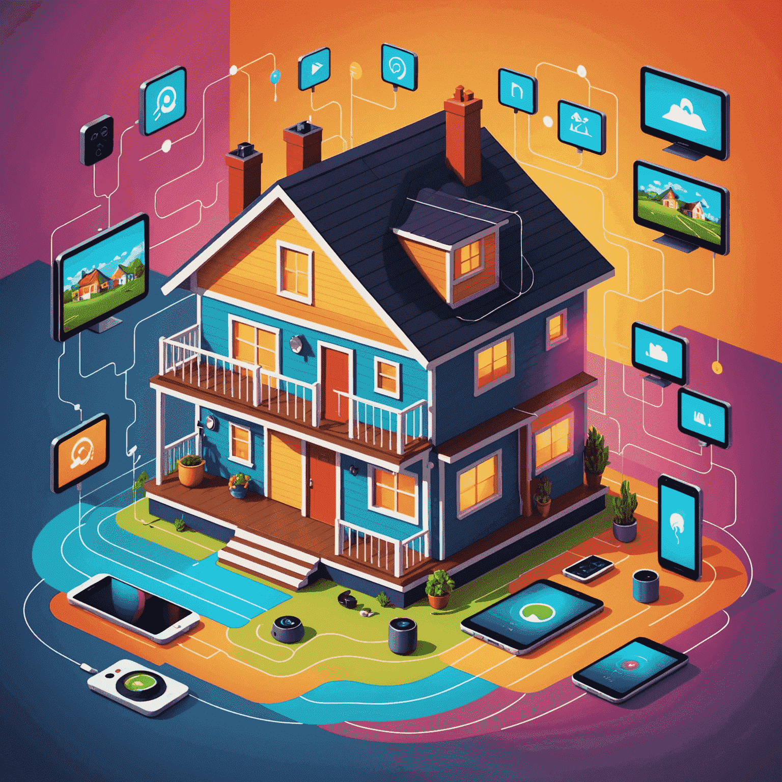 Cartoon illustration of a house with various smart devices connected, including a TV, smartphone, thermostat, and lights, all communicating with each other through playful, colorful zigzag lines