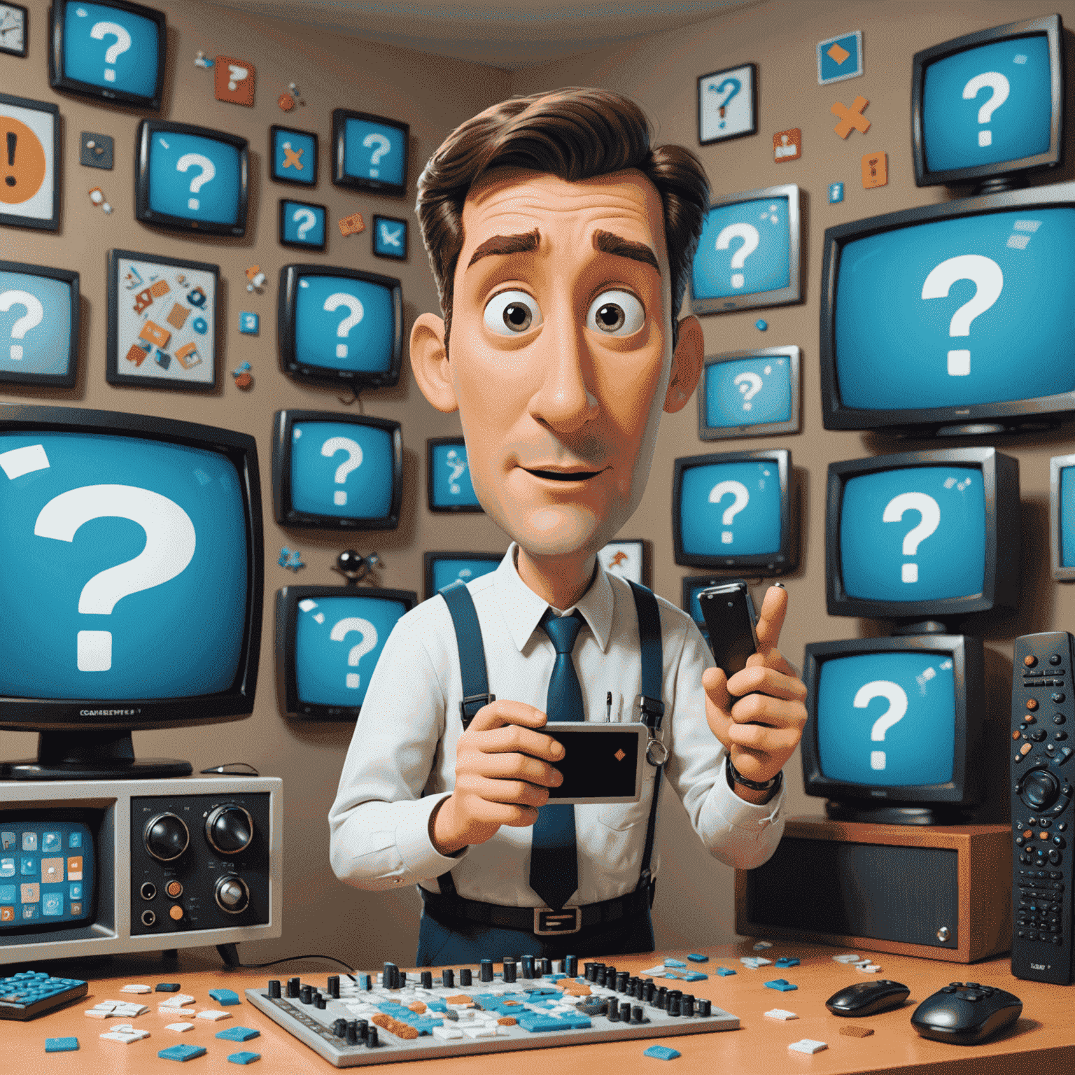 Cartoon technician examining a large flat-screen TV with diagnostic tools and a puzzled expression, surrounded by floating question marks and TV remote controls