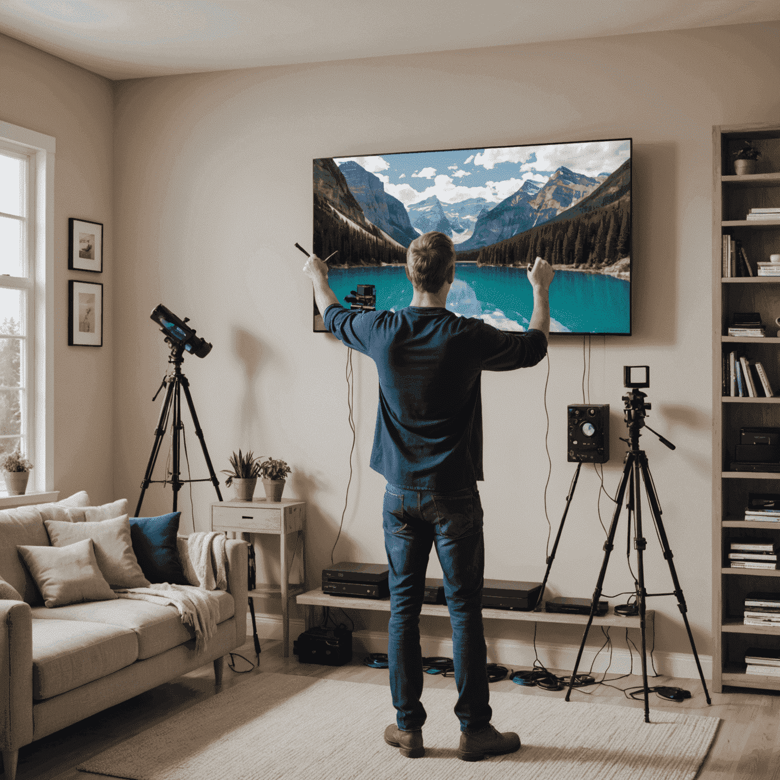 A person mounting a large flat-screen TV on a living room wall, with tools and cables neatly arranged nearby