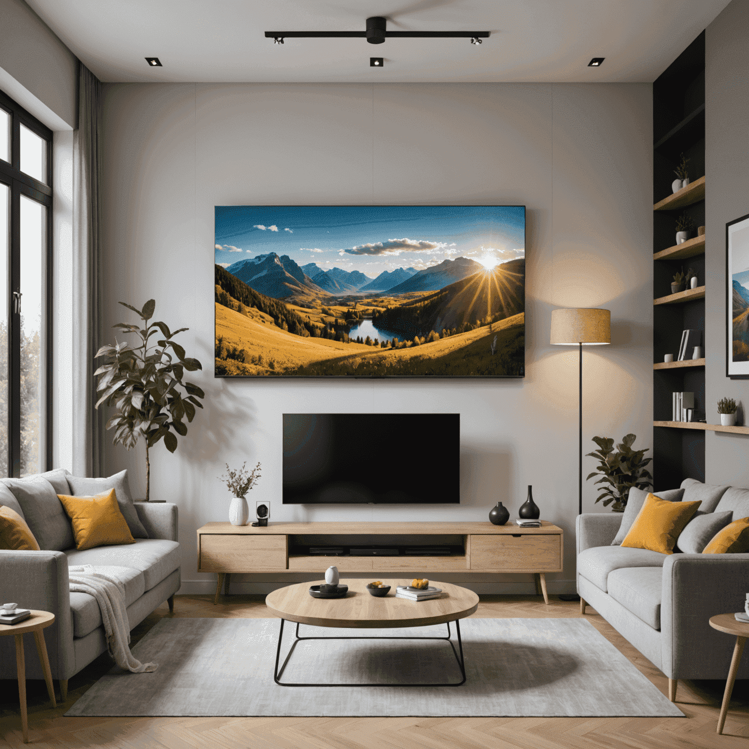 Modern living room with a large smart TV mounted on the wall, controlled by a smartphone, with hidden cable management