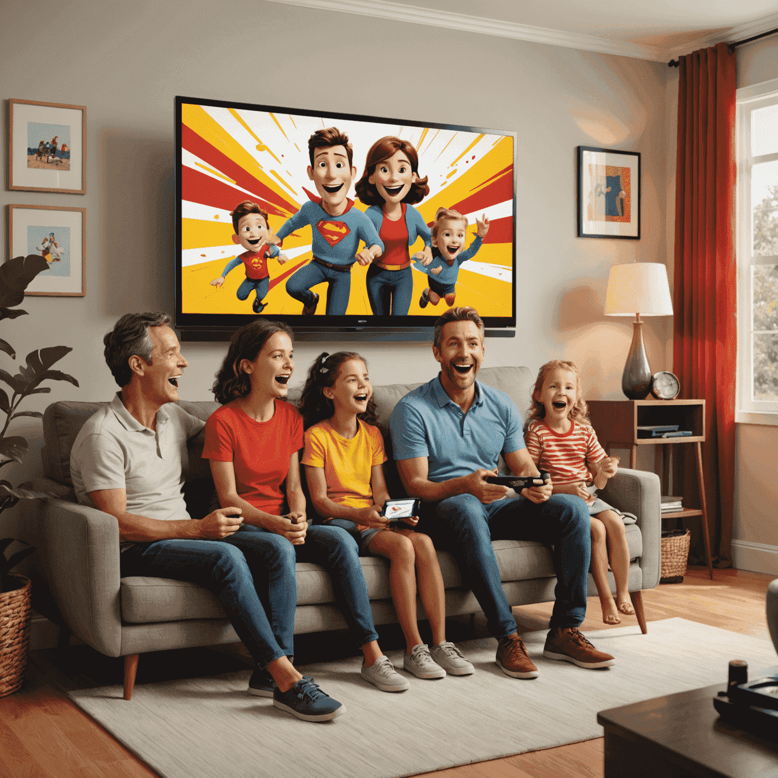 Cartoon illustration of a family enjoying their newly installed TV, with dynamic red and yellow streaks conveying excitement and quality of experience