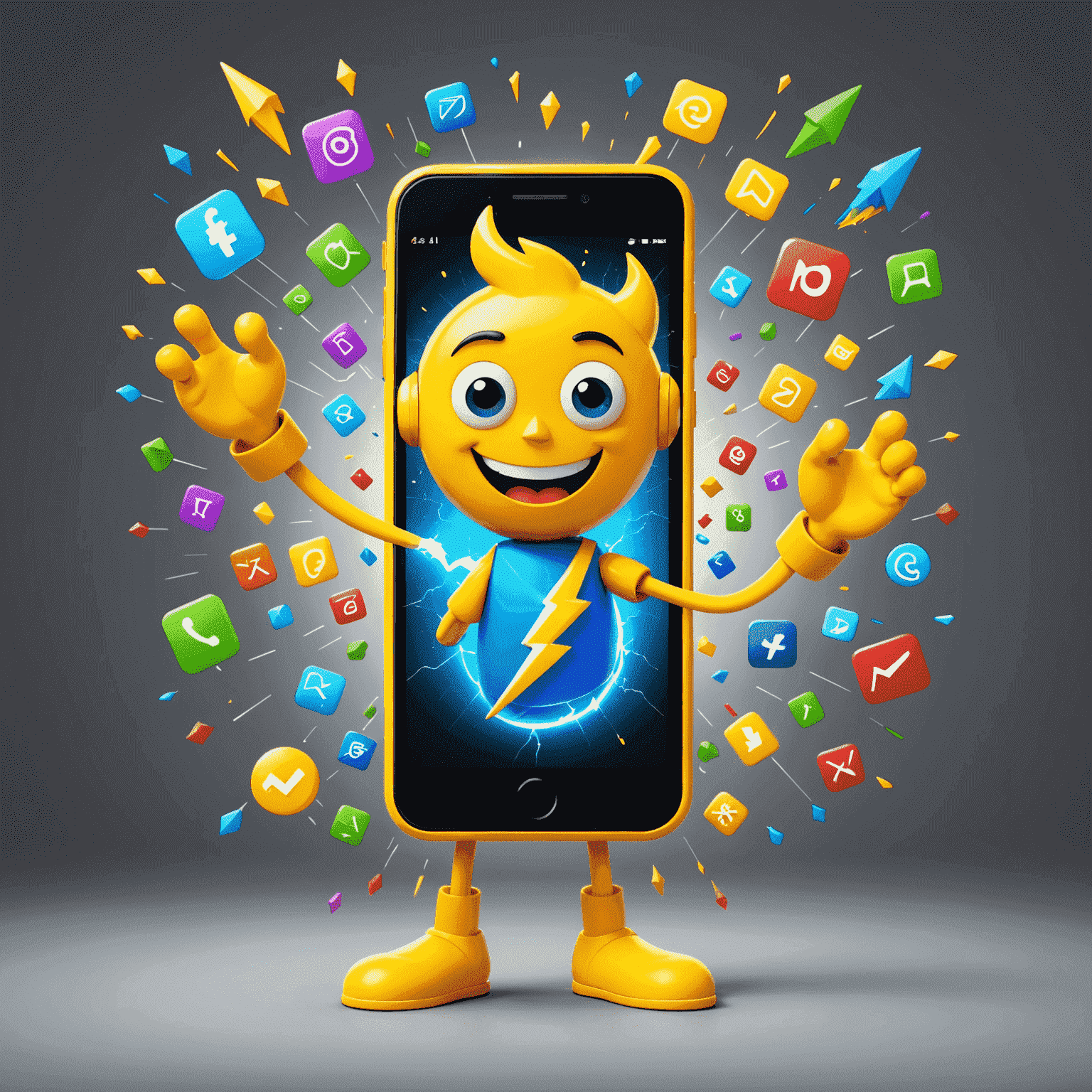 Cheerful cartoon smartphone character with arms and legs, surrounded by colorful app icons and a yellow lightning bolt representing quick setup