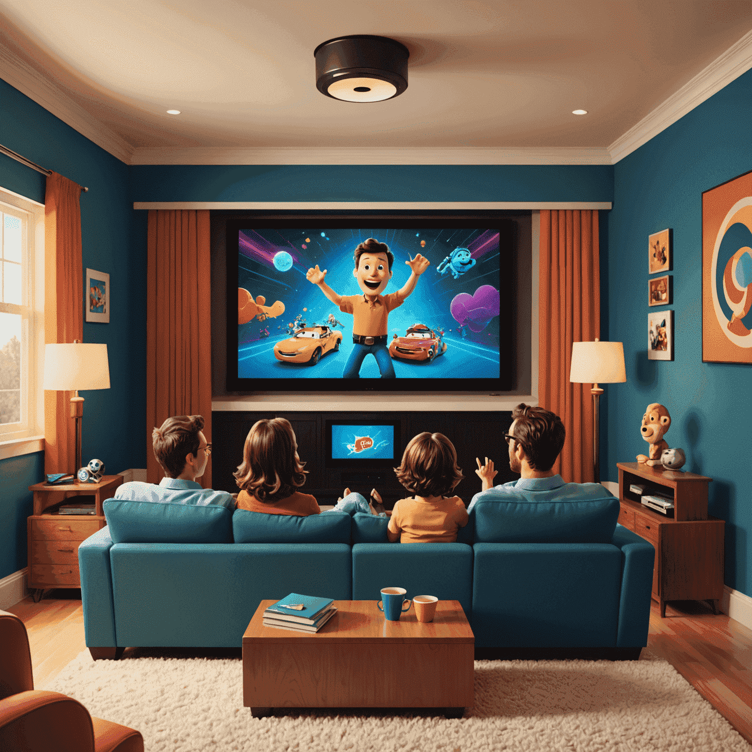 A playful cartoon illustration showing a family enjoying a movie in their newly installed home theater. The image depicts comfortable seating, a large screen with vivid colors, and sound waves visually represented around the room.