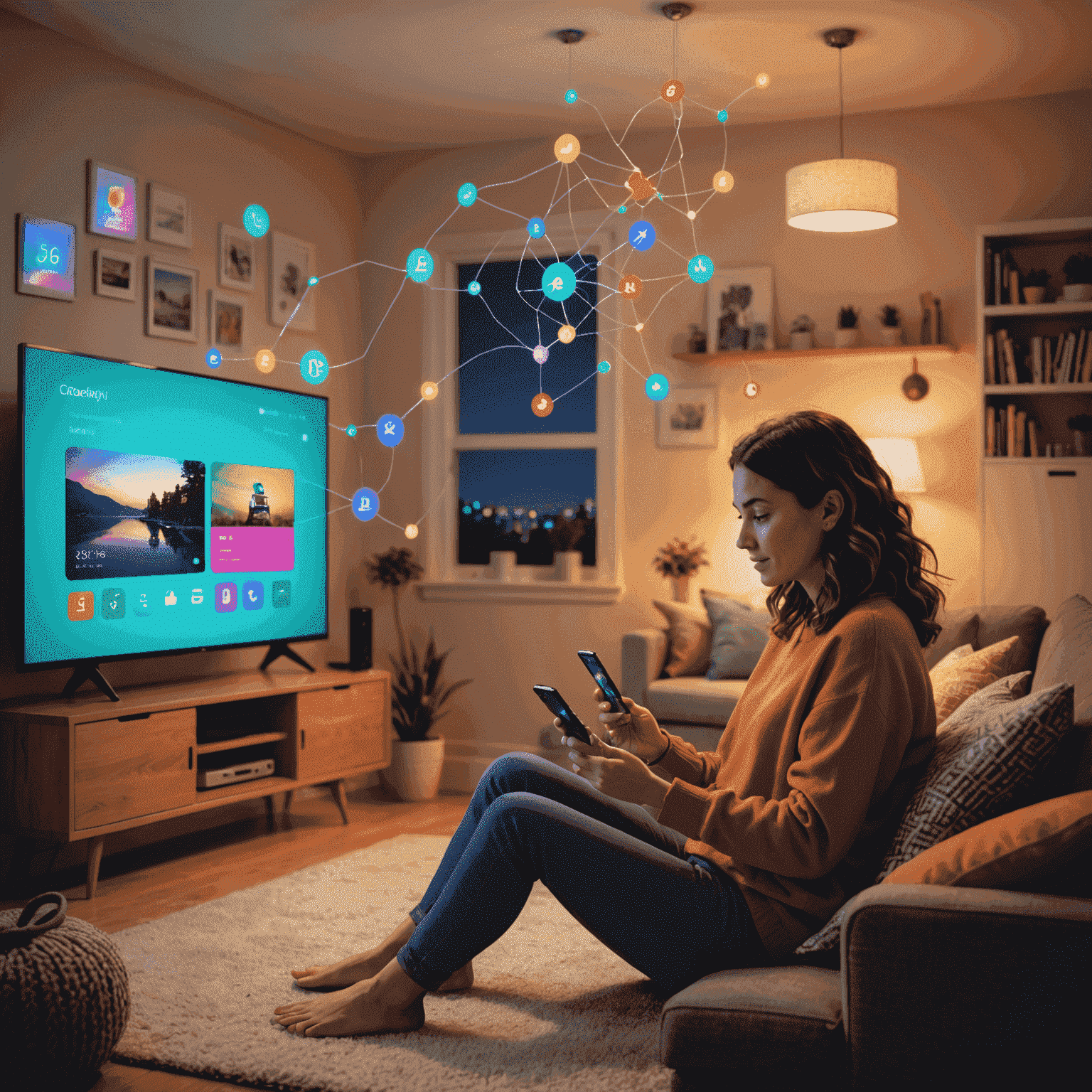 Animated scene showing a person using their smartphone to control various aspects of their home, including TV, lights, and thermostat, with playful, colorful effects illustrating the connections between devices