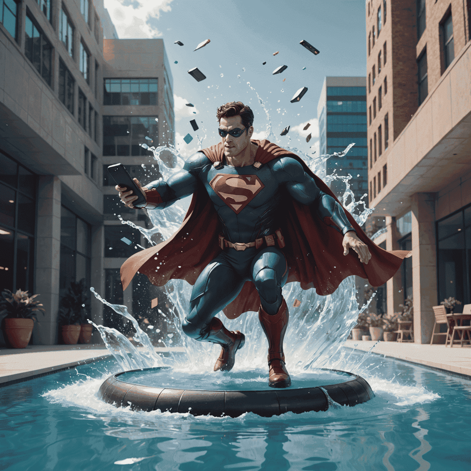 Animated scene of a superhero-like technician rescuing a giant smartphone from a pool of water, with tools flying around and a cape fluttering behind