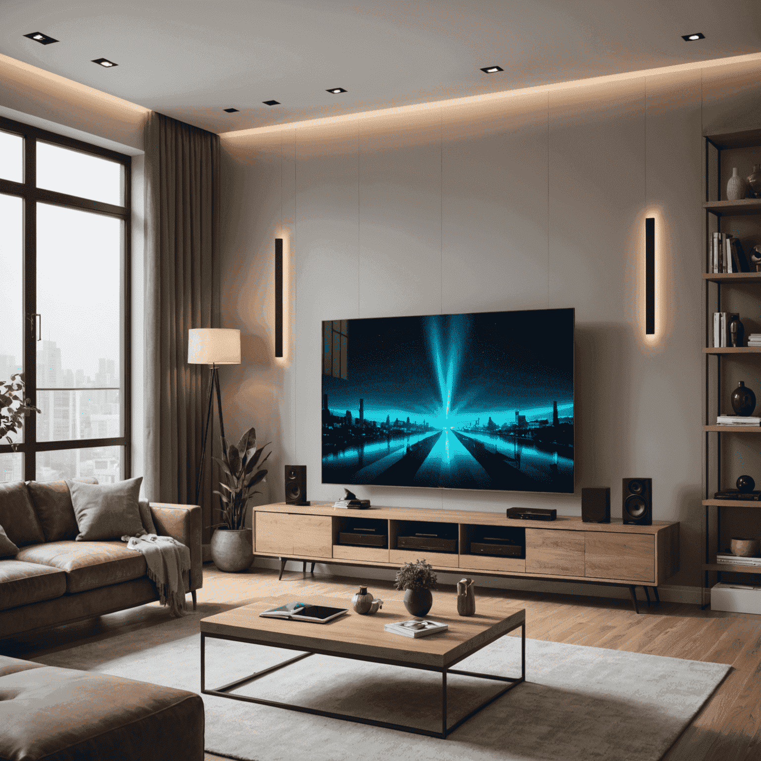 A smartphone controlling various home entertainment devices like TV, sound system, and smart lights in a modern living room