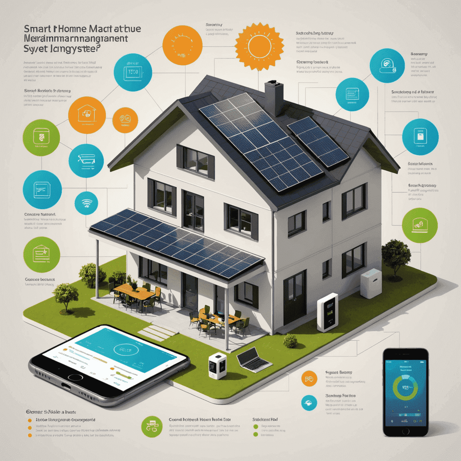 Infographic showing a smart home energy management system with solar panels, battery storage, and real-time usage data on a smartphone app