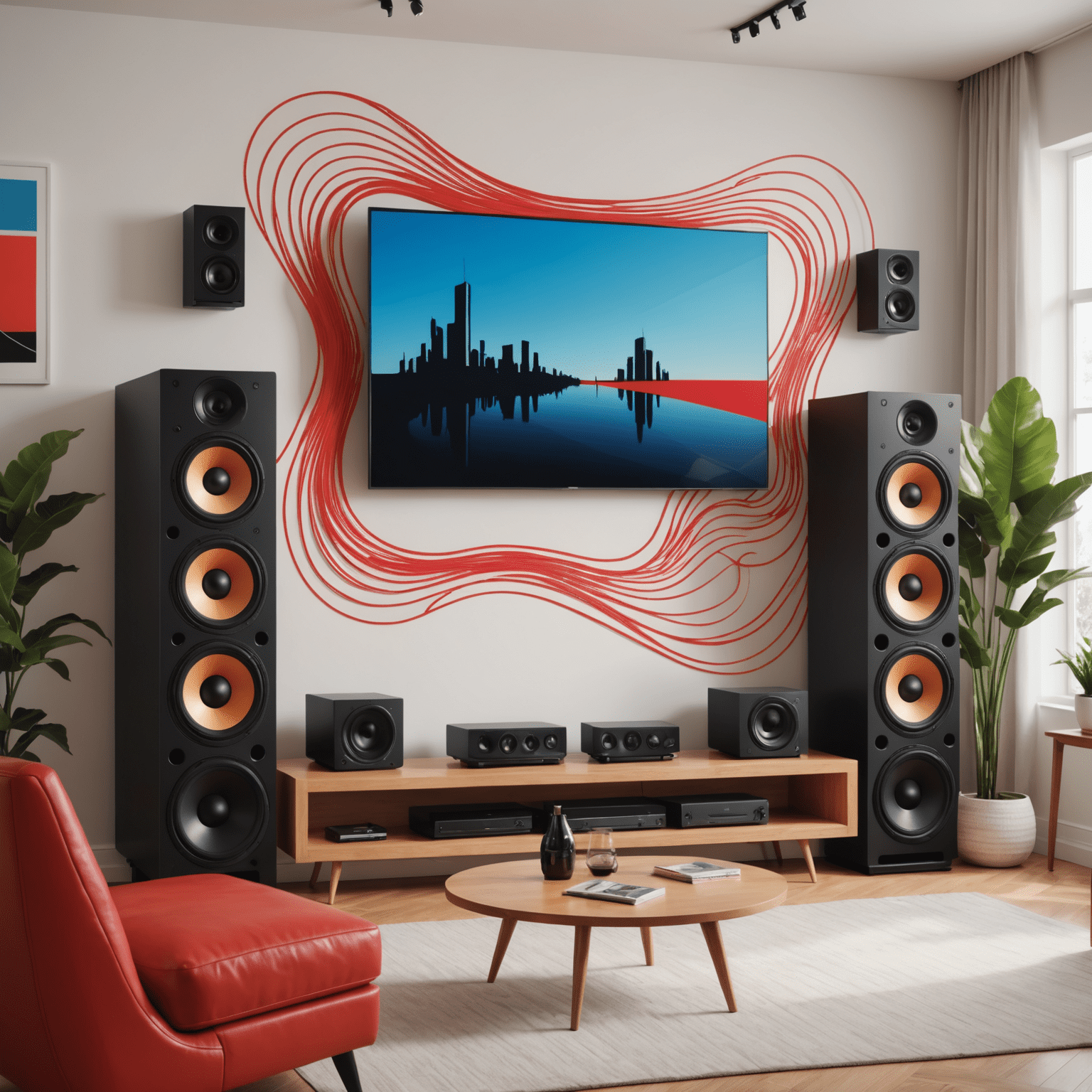 Cartoon living room with an oversized TV, floating speakers, and a subwoofer, all connected by dynamic red lines representing sound waves