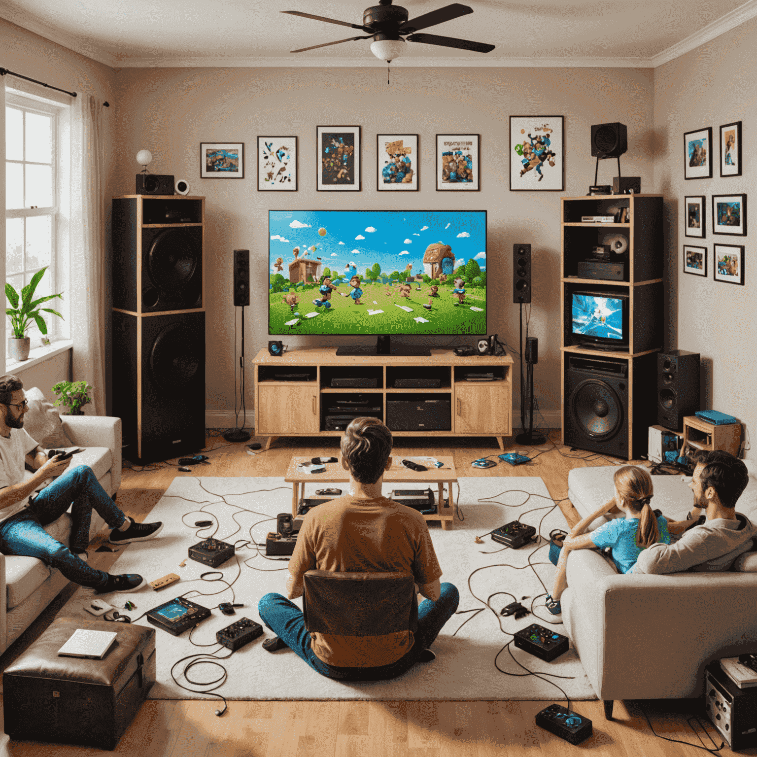 Panoramic view of a living room with various entertainment devices (TV, sound system, gaming console) being repaired by cartoon technicians with magic wands, surrounded by musical notes and game characters