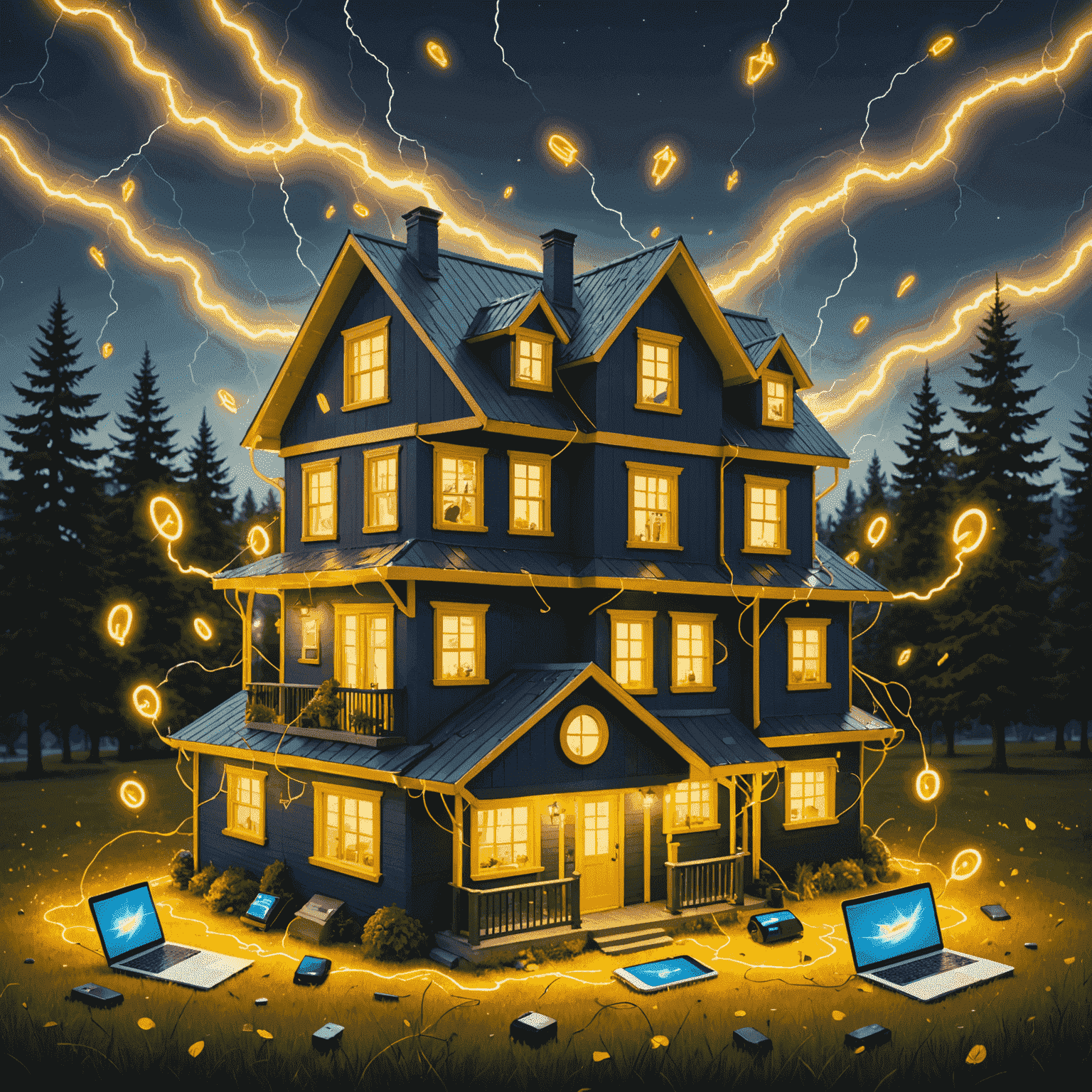 Playful illustration of a house with a smiling face, surrounded by floating smart devices all connected by yellow lightning bolts
