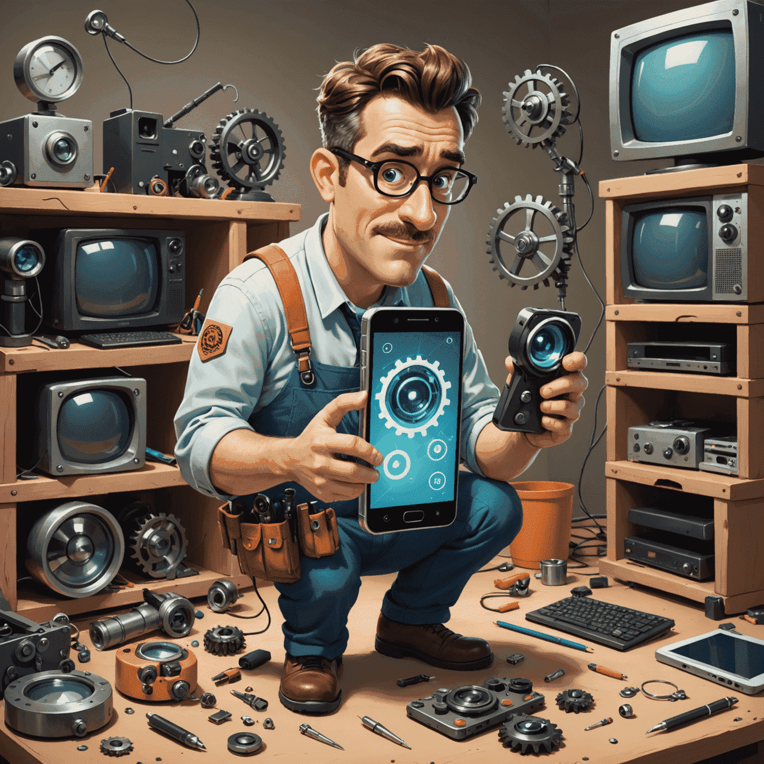 Cartoon technician with a magnifying glass examining a comically large smartphone and TV, with tools and gears floating around